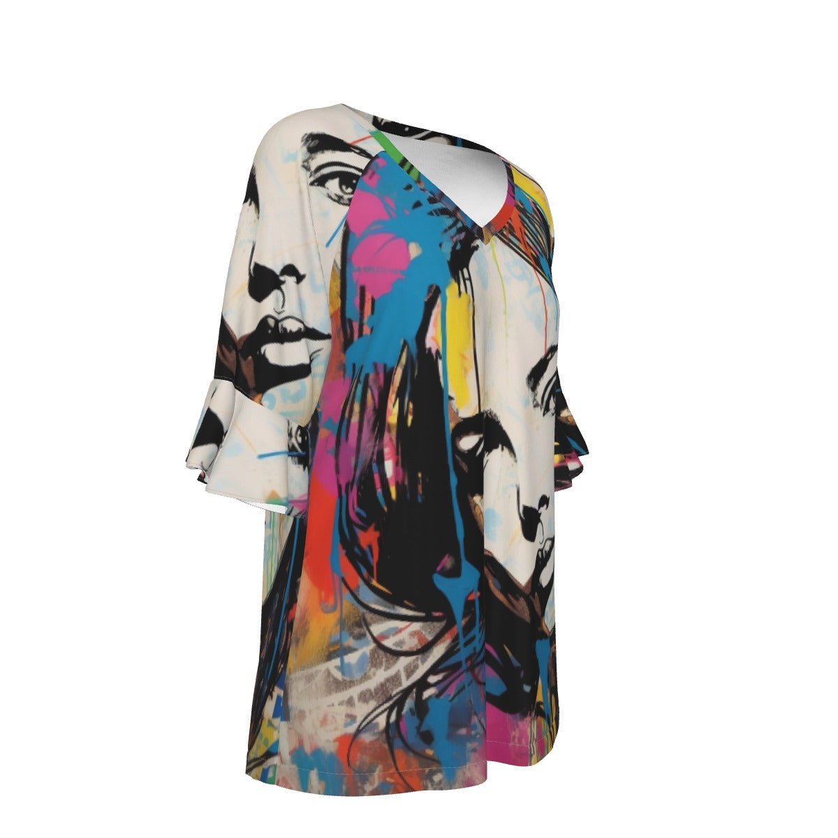 All-Over Print V-neck Women's T-shirt With Bell Sleeve