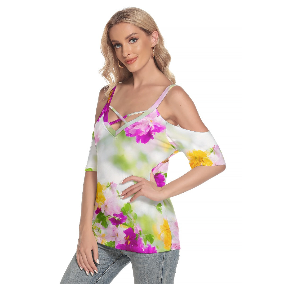 All-Over Print Women's Cold Shoulder T-shirt With Criss Cross Strips