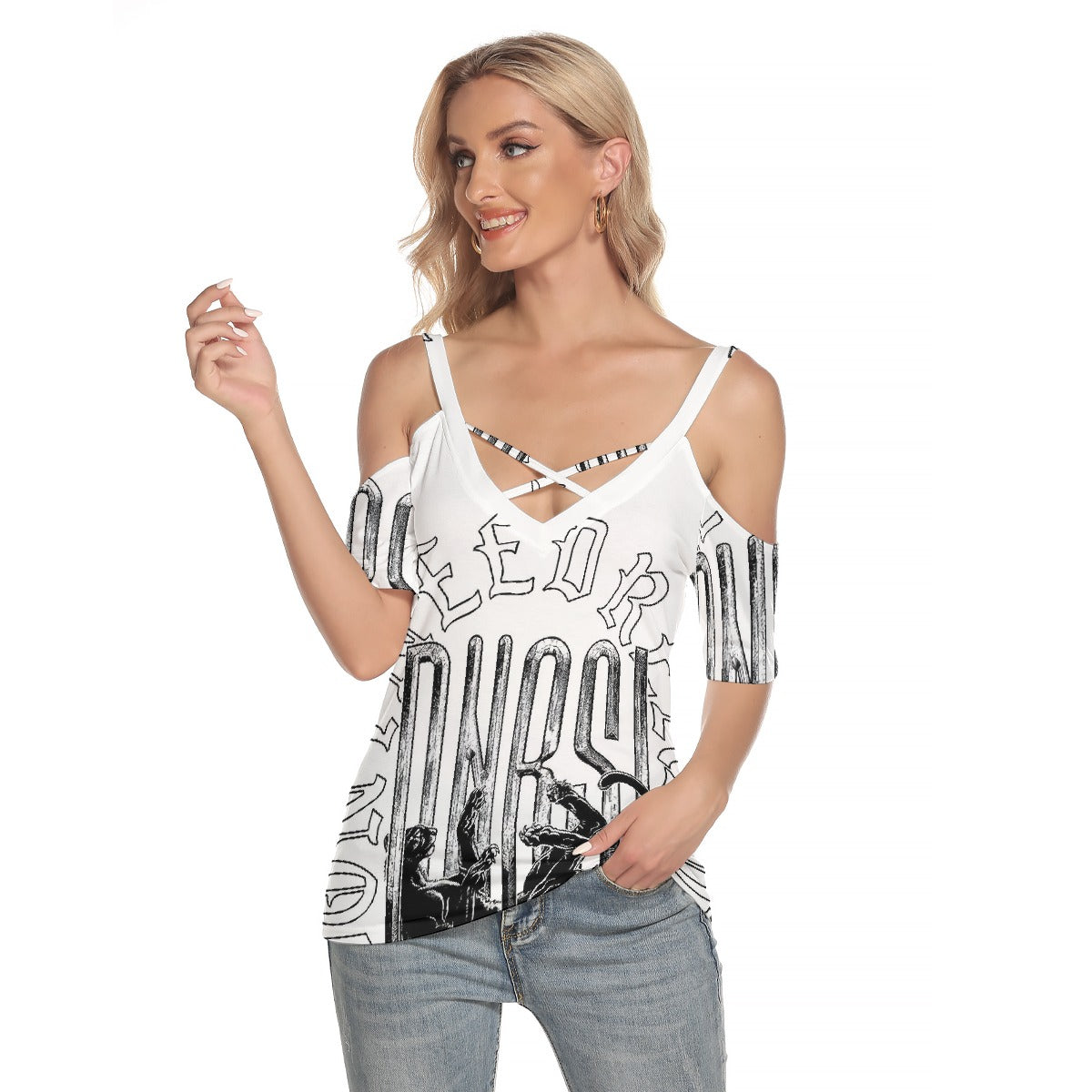 All-Over Print Women's Cold Shoulder T-shirt With Criss Cross Strips