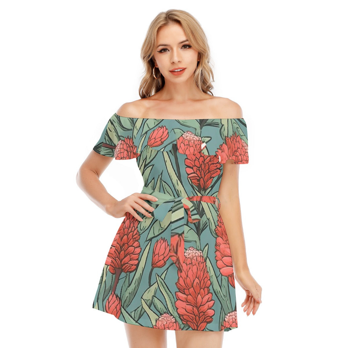 All-Over Print Women's Off-shoulder Dress With Ruffle