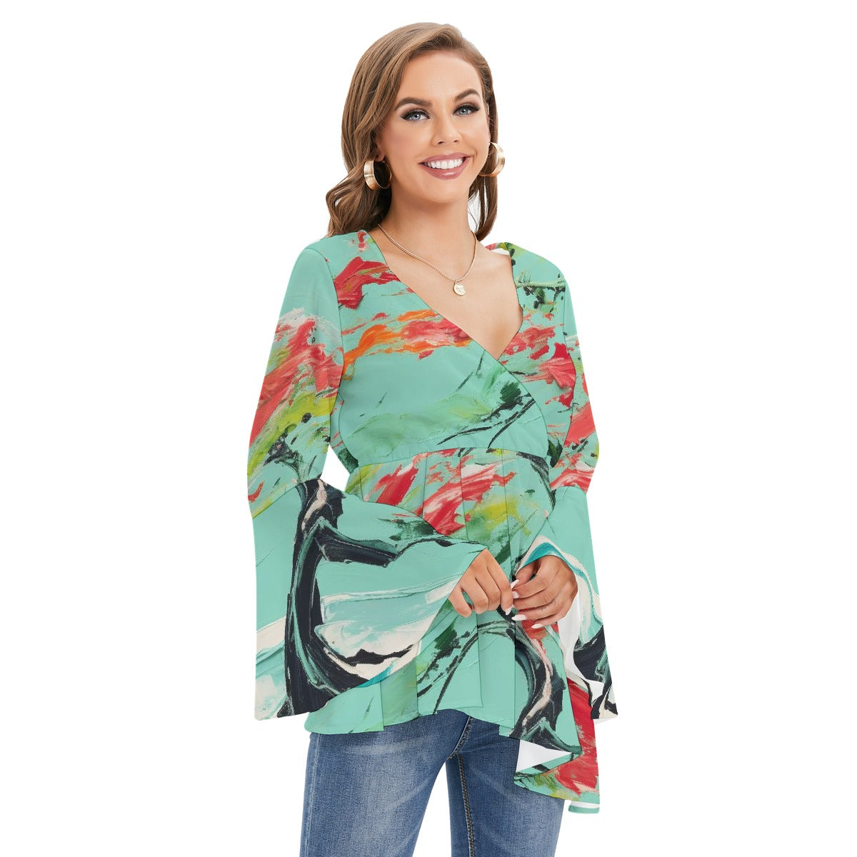 All-Over Print Women's V-neck Blouse With Flared Sleeves