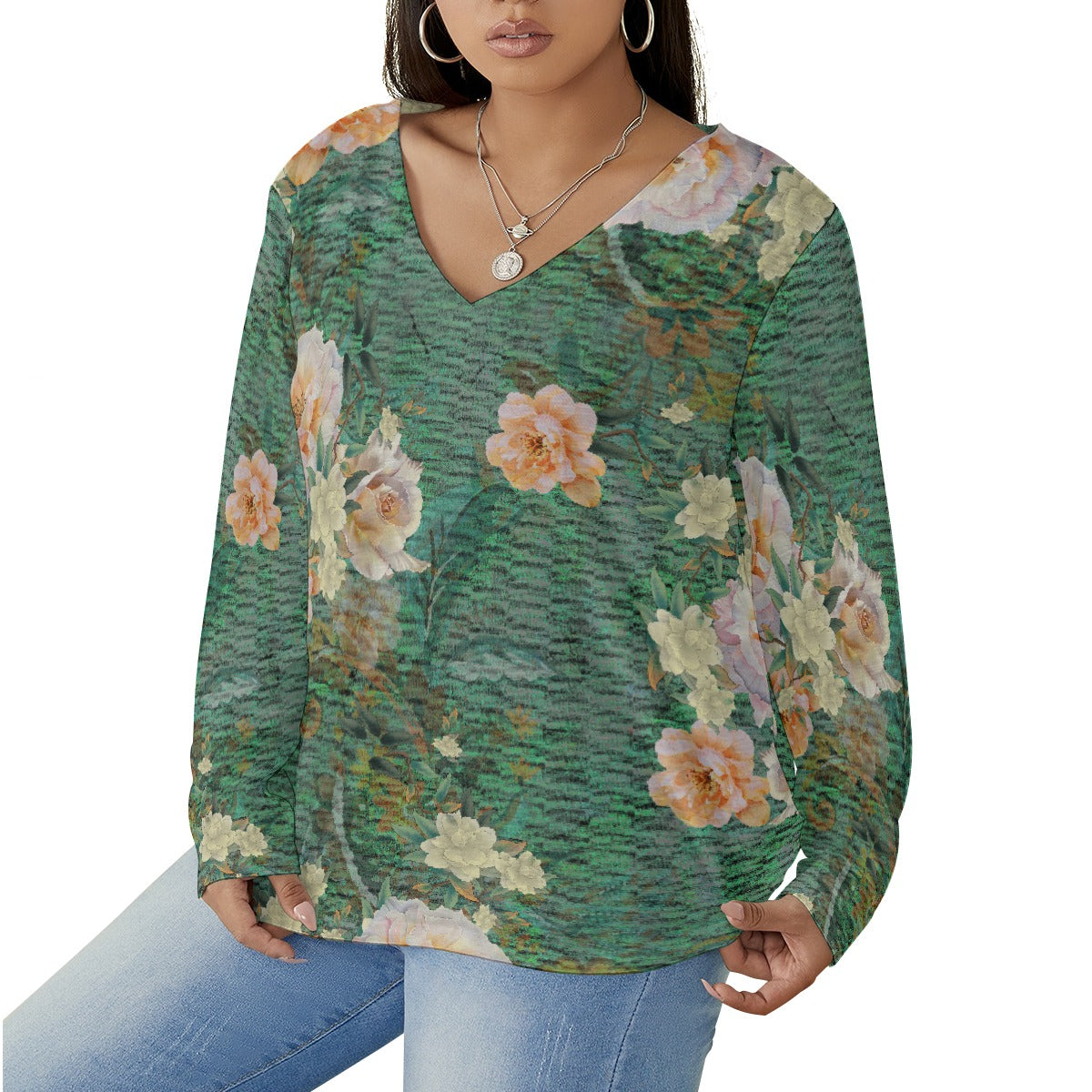 All-Over Print Women's V-neck T-shirt With Curved Hem(Plus Size)