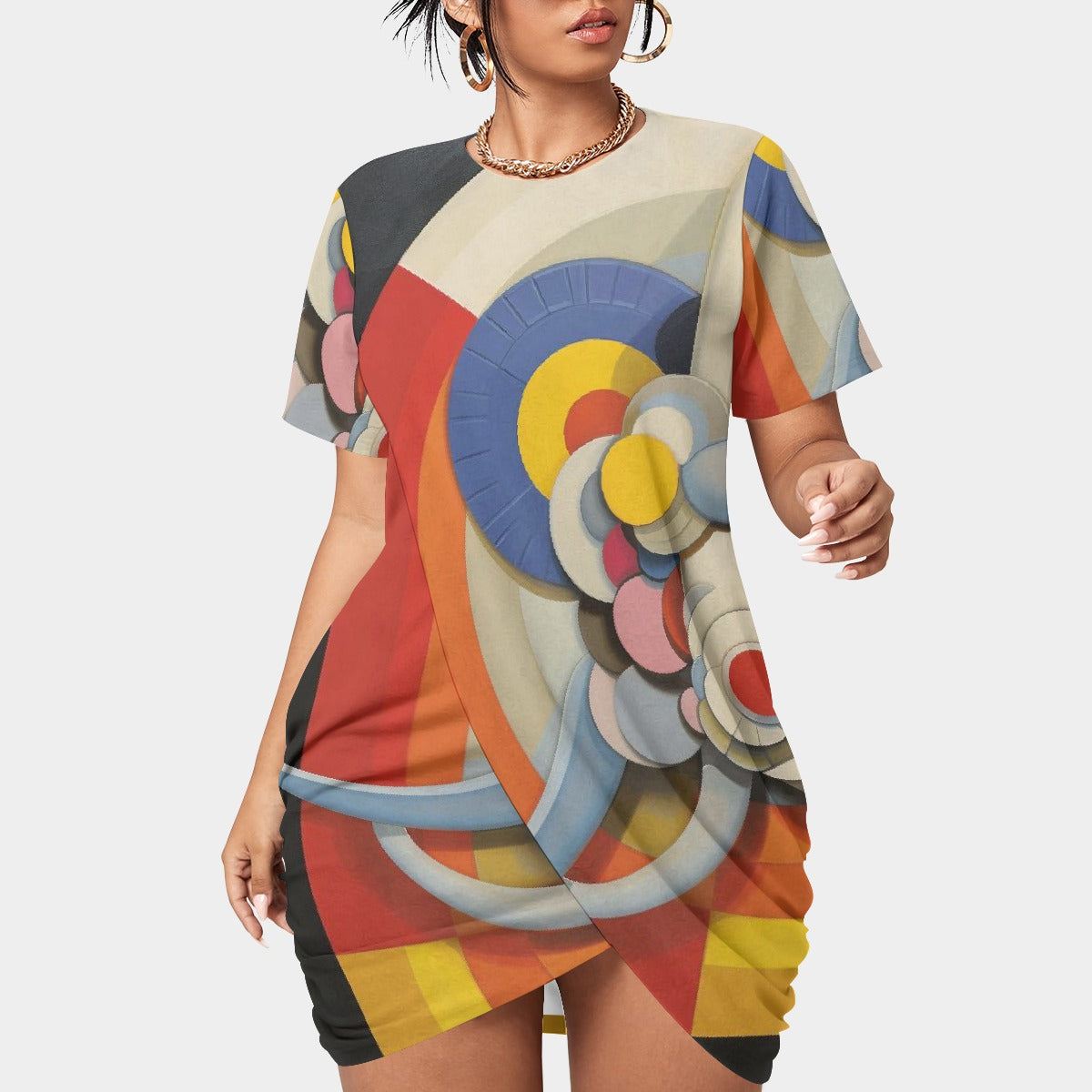 All-Over Print Women’s Stacked Hem Dress With Short Sleeve（Plus Size）