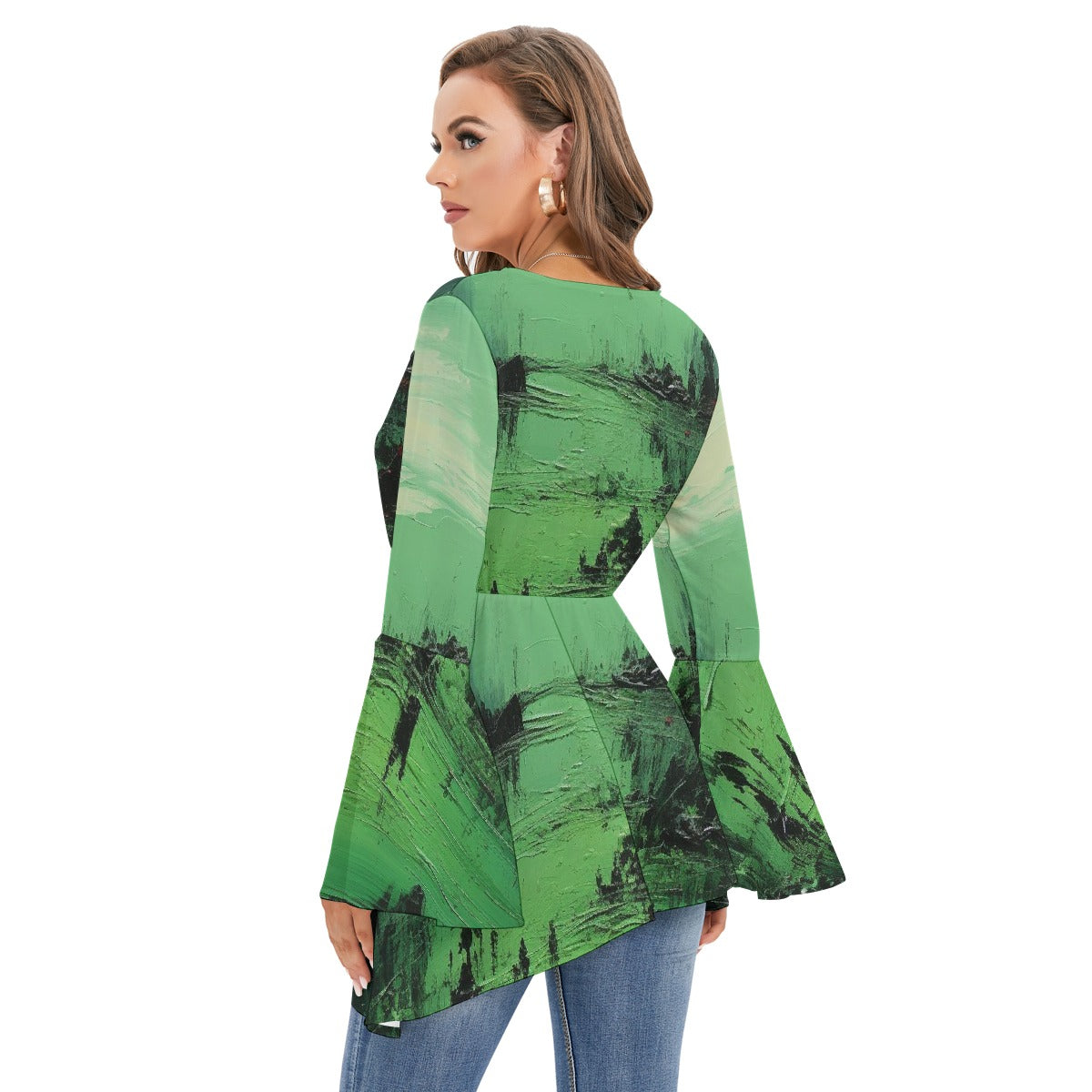 All-Over Print Women's V-neck Blouse With Flared Sleeves