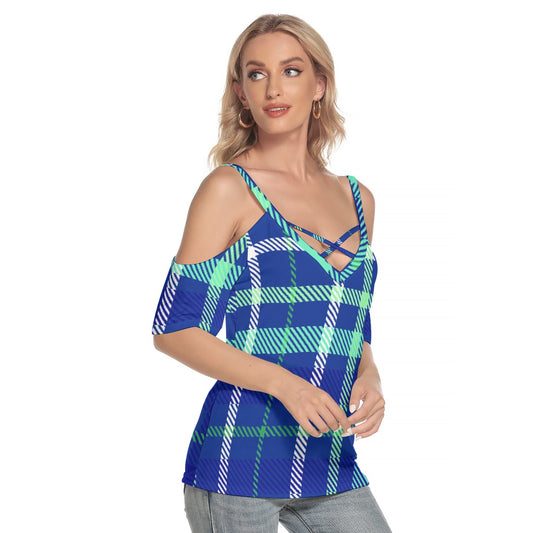 All-Over Print Women's Cold Shoulder T-shirt With Criss Cross Strips