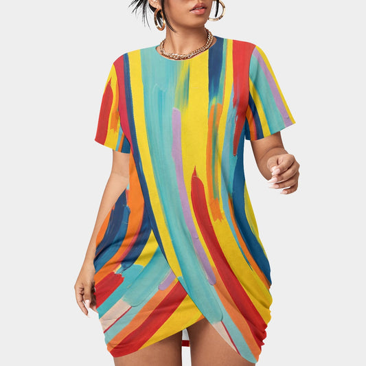 All-Over Print Women’s Stacked Hem Dress With Short Sleeve（Plus Size）