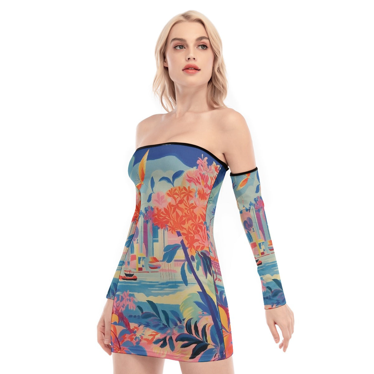 All-Over Print Women's Off-shoulder Back Lace-up Dress