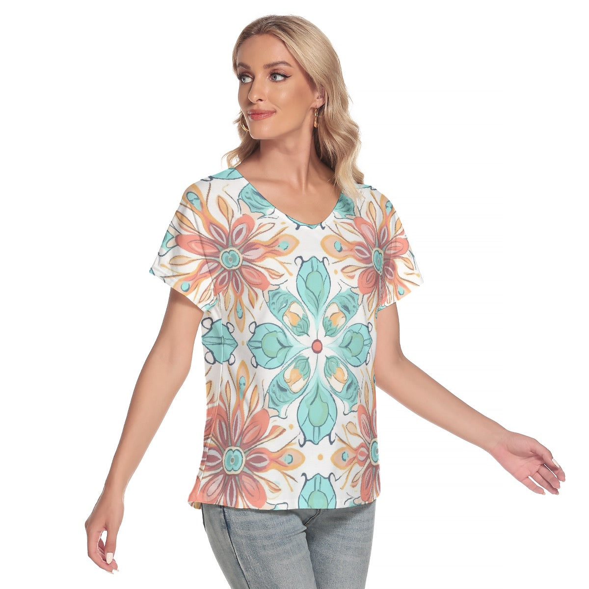 All-Over Print Women's Loose V-neck Short Sleeve T-shirt