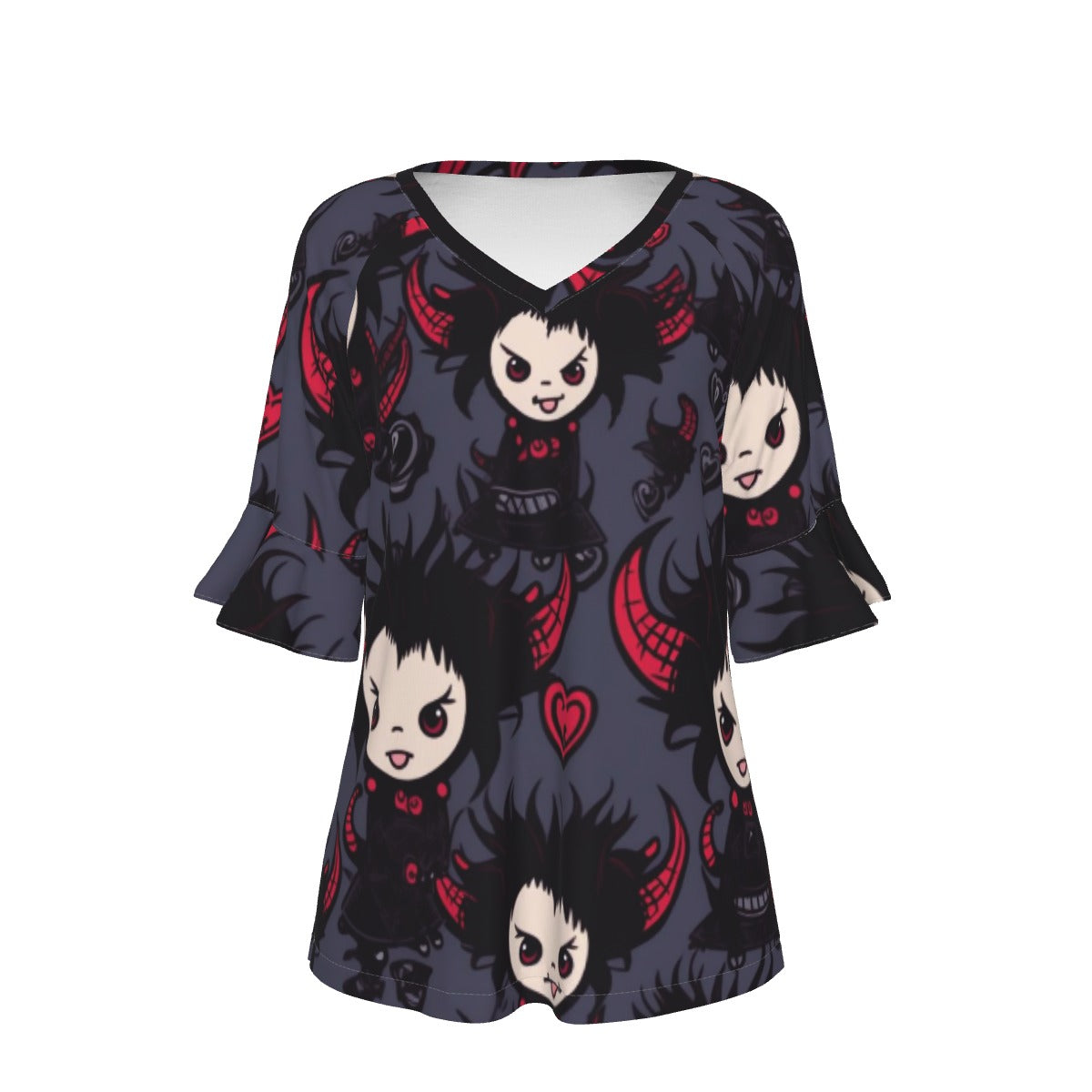 All-Over Print V-neck Women's T-shirt With Bell Sleeve