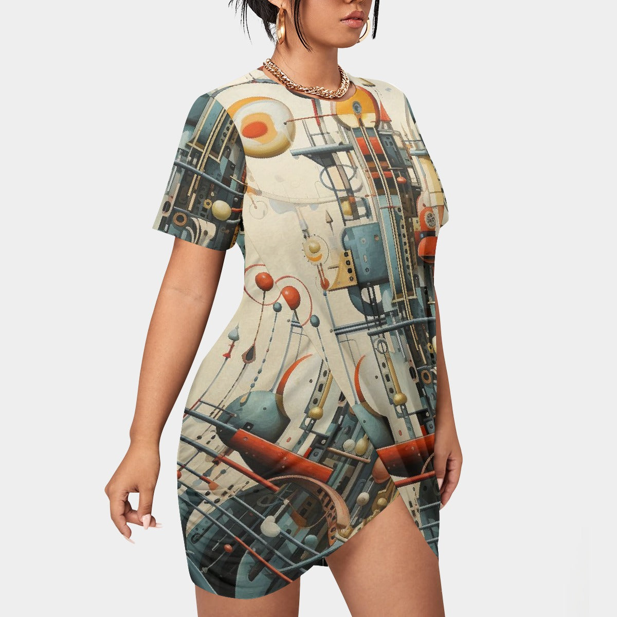 All-Over Print Women’s Stacked Hem Dress With Short Sleeve（Plus Size）