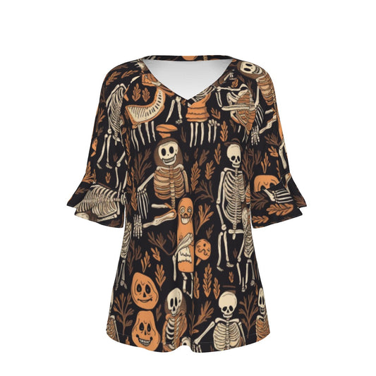 All-Over Print V-neck Women's T-shirt With Bell Sleeve