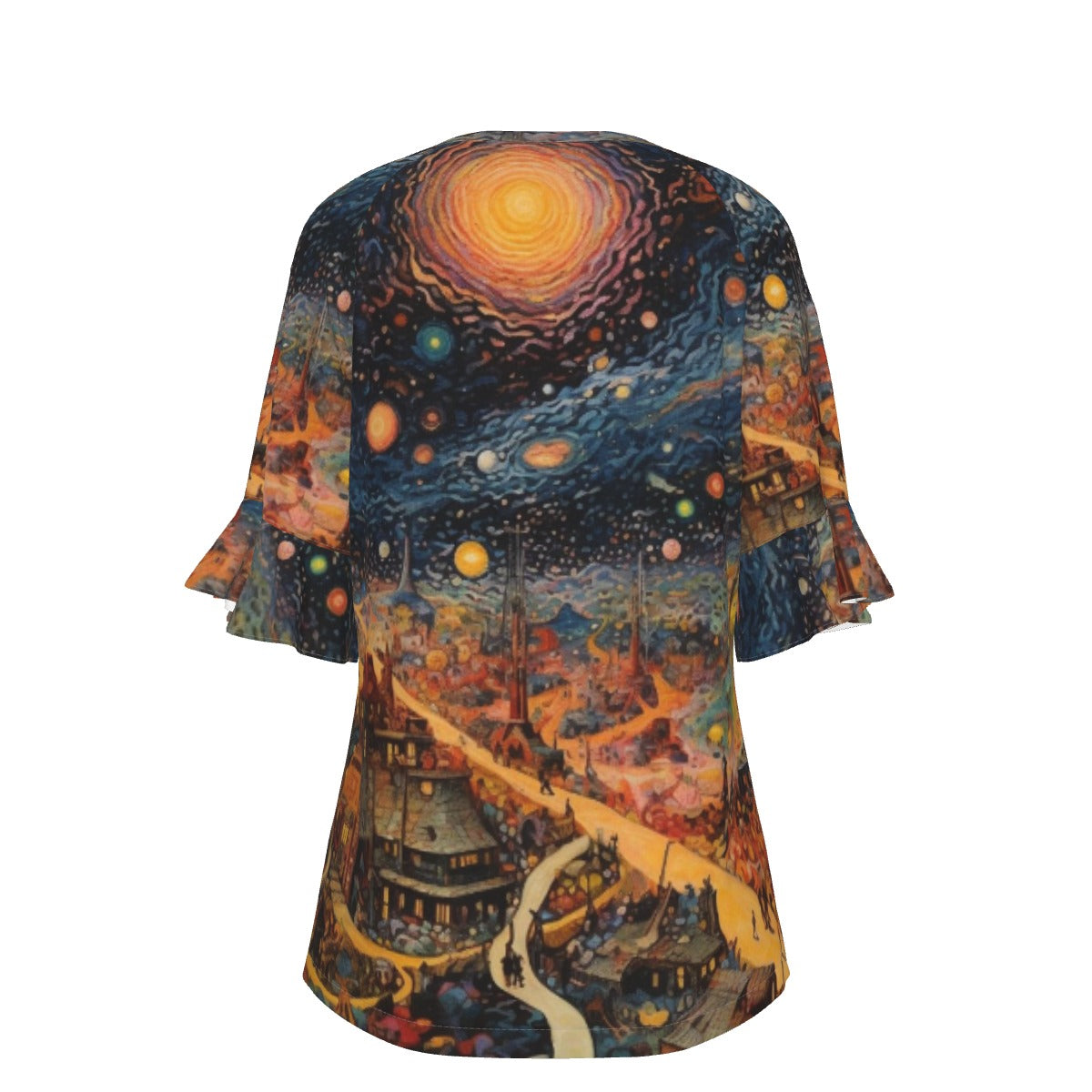 All-Over Print V-neck Women's T-shirt With Bell Sleeve