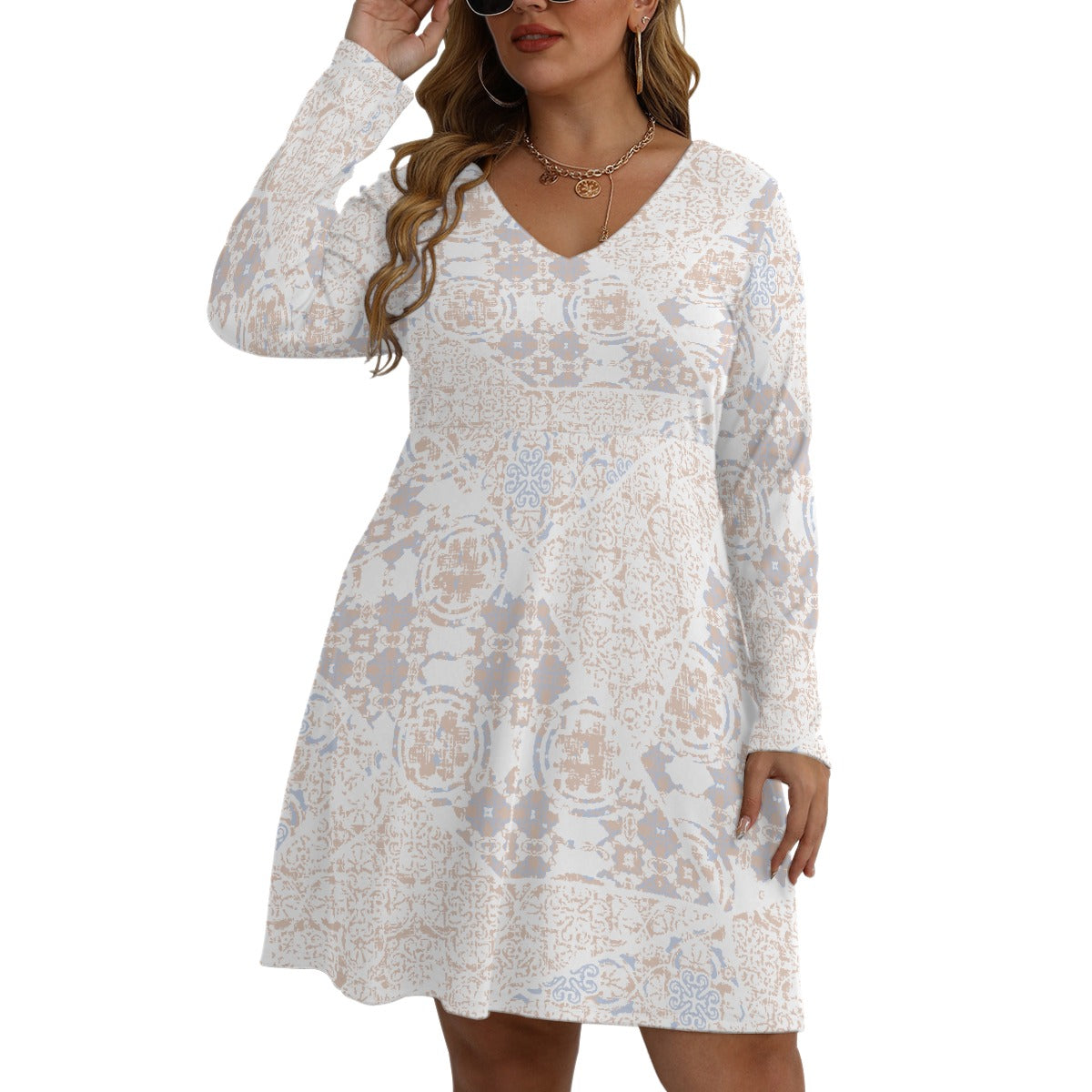 All-Over Print Women's V-neck Long Sleeve Dress(Plus Size)