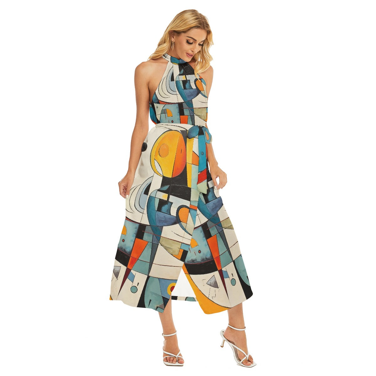 All-Over Print Women's Wrap Hem Belted Halter Dress