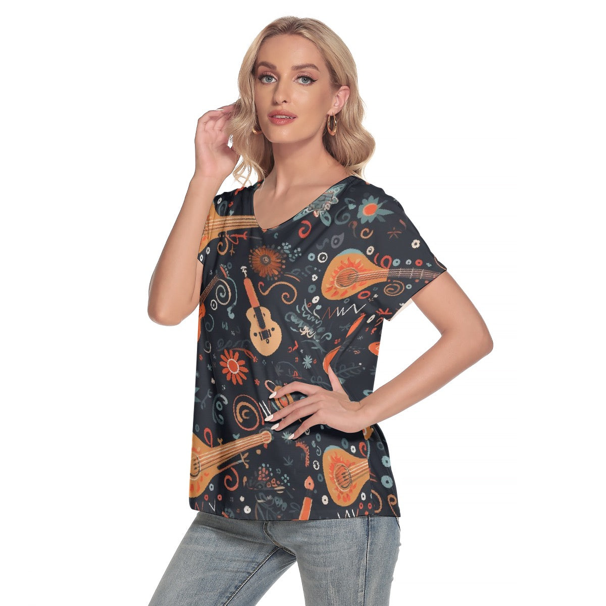 All-Over Print Women's Loose V-neck Short Sleeve T-shirt