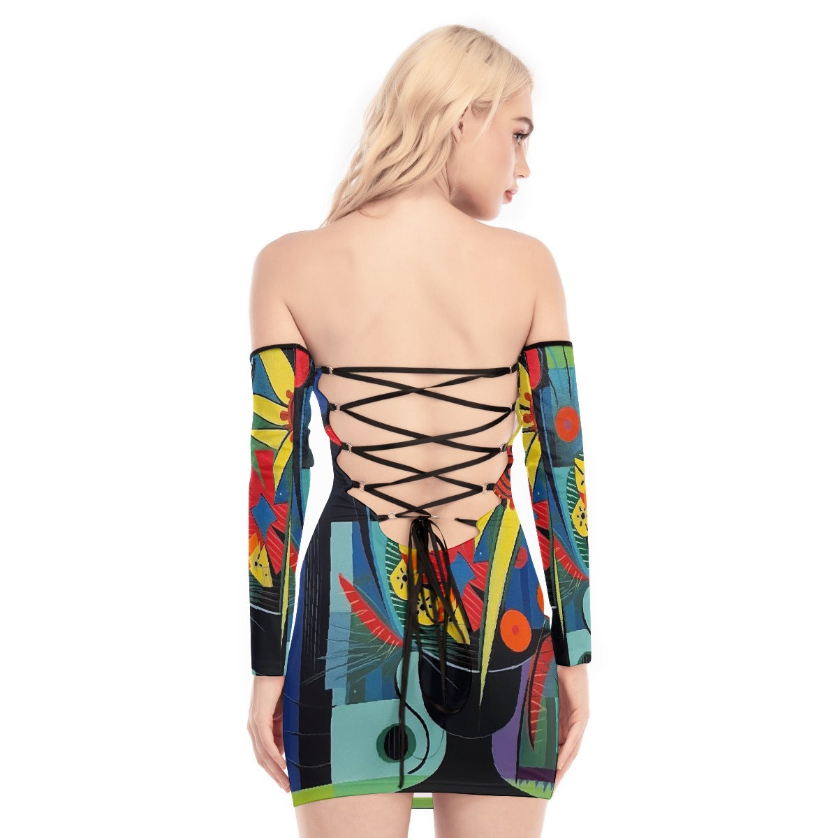 All-Over Print Women's Off-shoulder Back Lace-up Dress