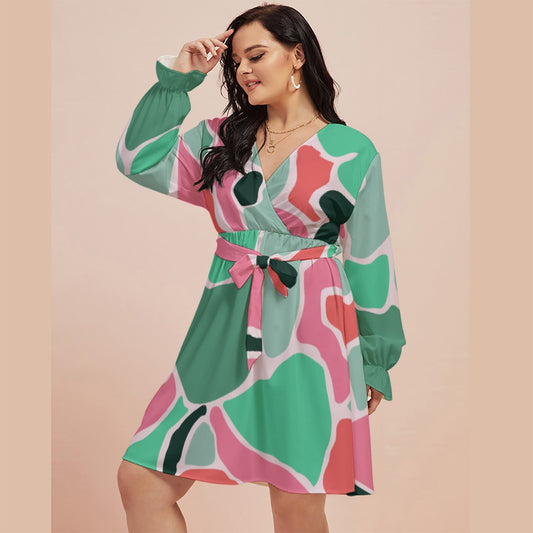 All-Over Print Women's V-neck Dress With Waistband(Plus Size)