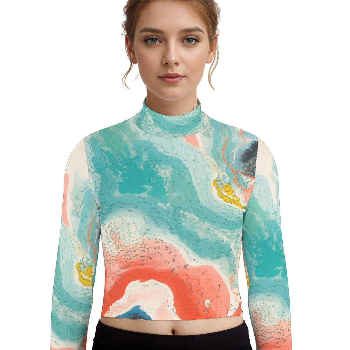 Eco-Friendly All-Over Print Women's Turtleneck T-shirt With Long Sleeve