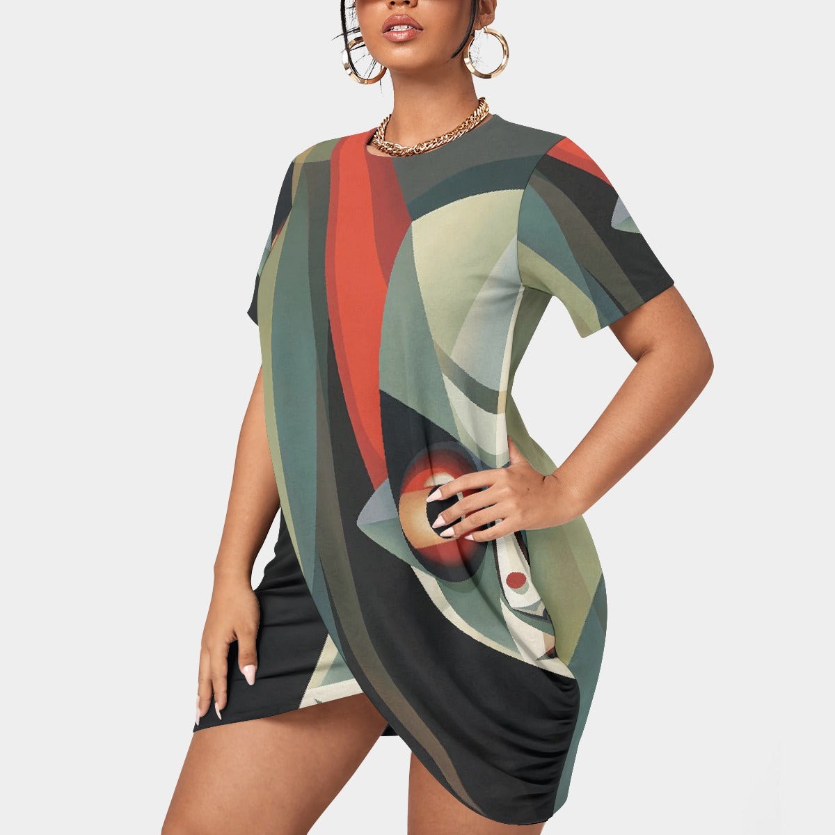 All-Over Print Women’s Stacked Hem Dress With Short Sleeve（Plus Size）