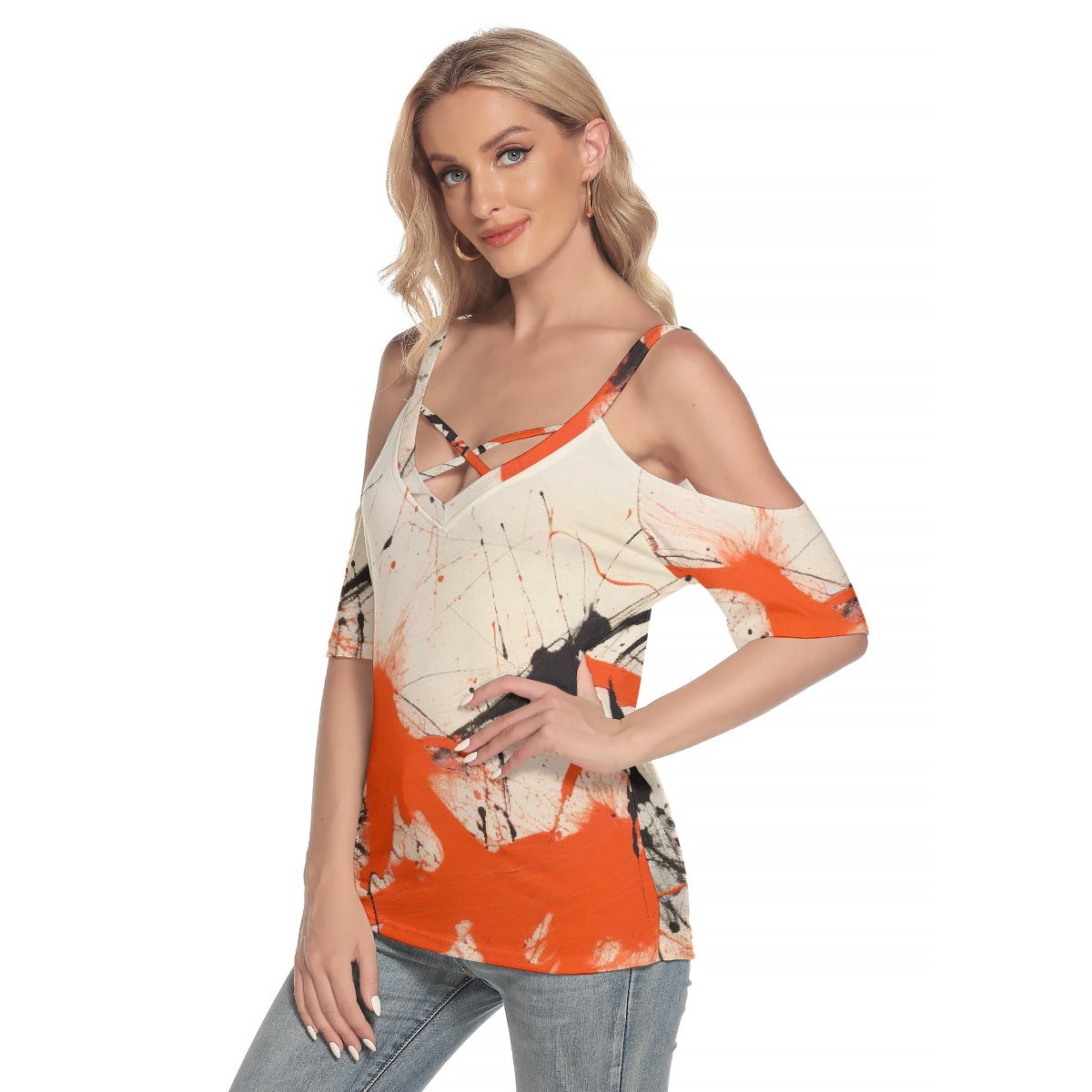 All-Over Print Women's Cold Shoulder T-shirt With Criss Cross Strips