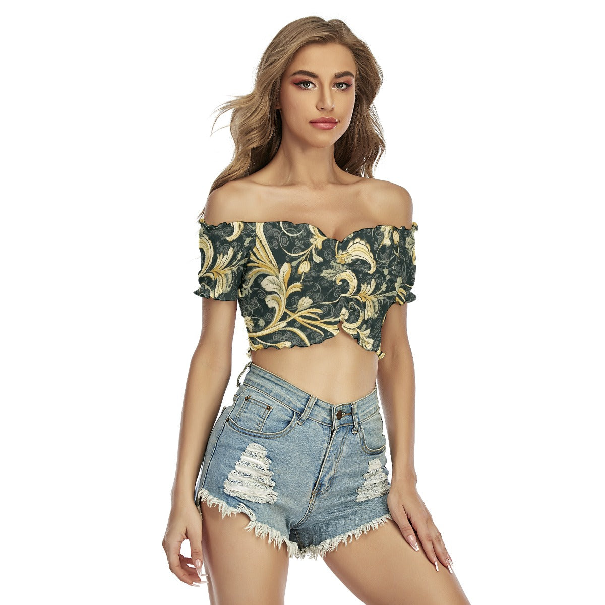 All-Over Print Women's One-shoulder Off-the-navel Short Sleeve T-shirt