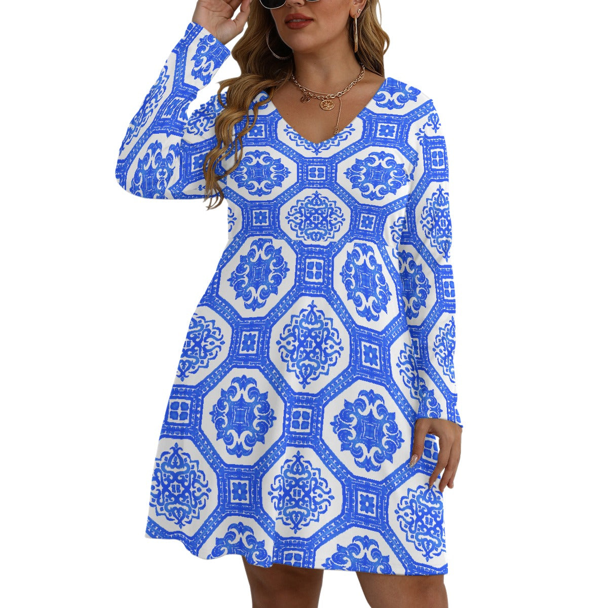 All-Over Print Women's V-neck Long Sleeve Dress(Plus Size)