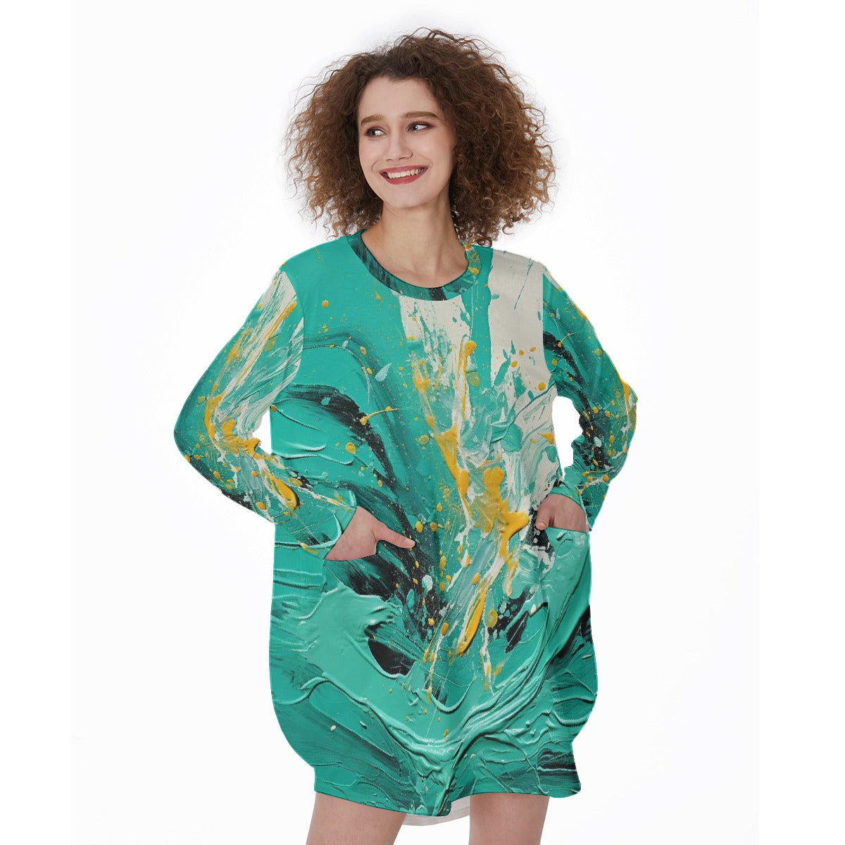 All-Over Print Women's Casual Loose Long Sleeve Dress With Pocket