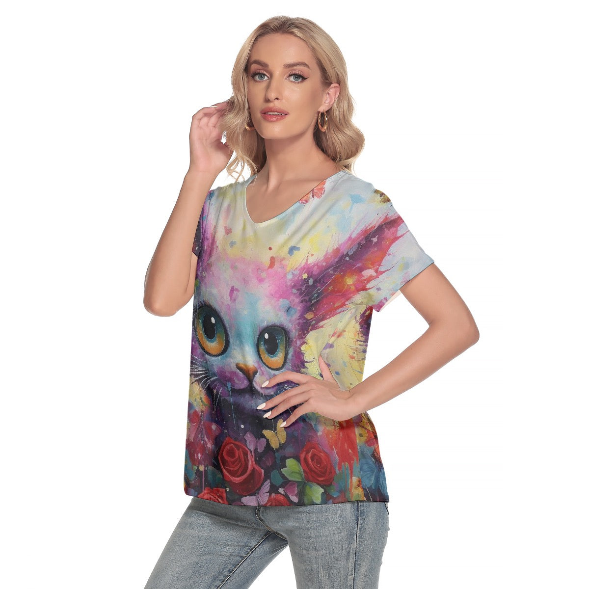 All-Over Print Women's Loose V-neck Short Sleeve T-shirt