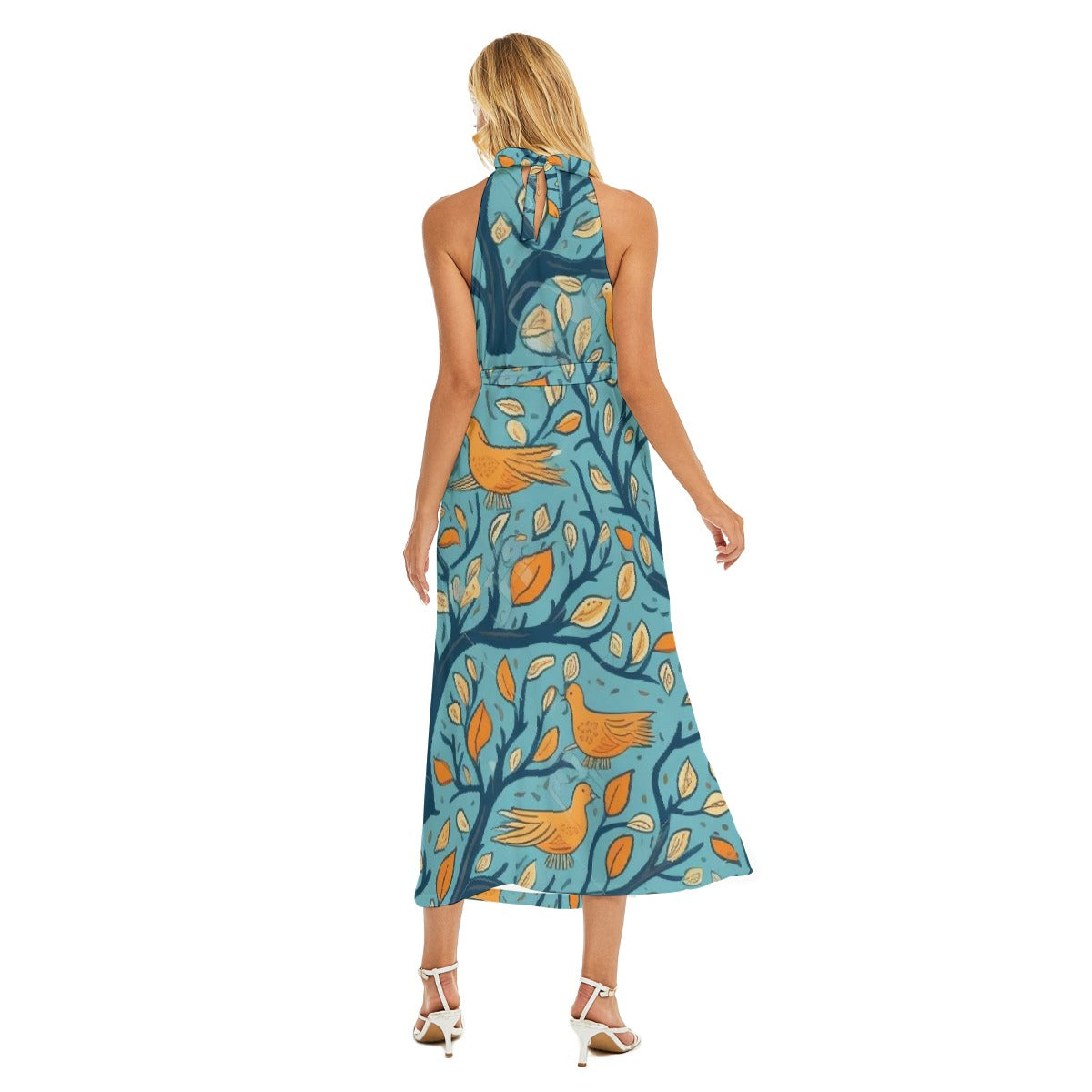 All-Over Print Women's Wrap Hem Belted Halter Dress