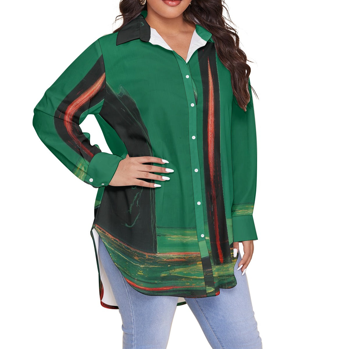 All-Over Print Women's Shirt With Long Sleeve(Plus Size)