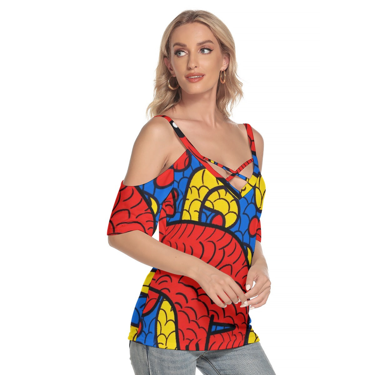 All-Over Print Women's Cold Shoulder T-shirt With Criss Cross Strips