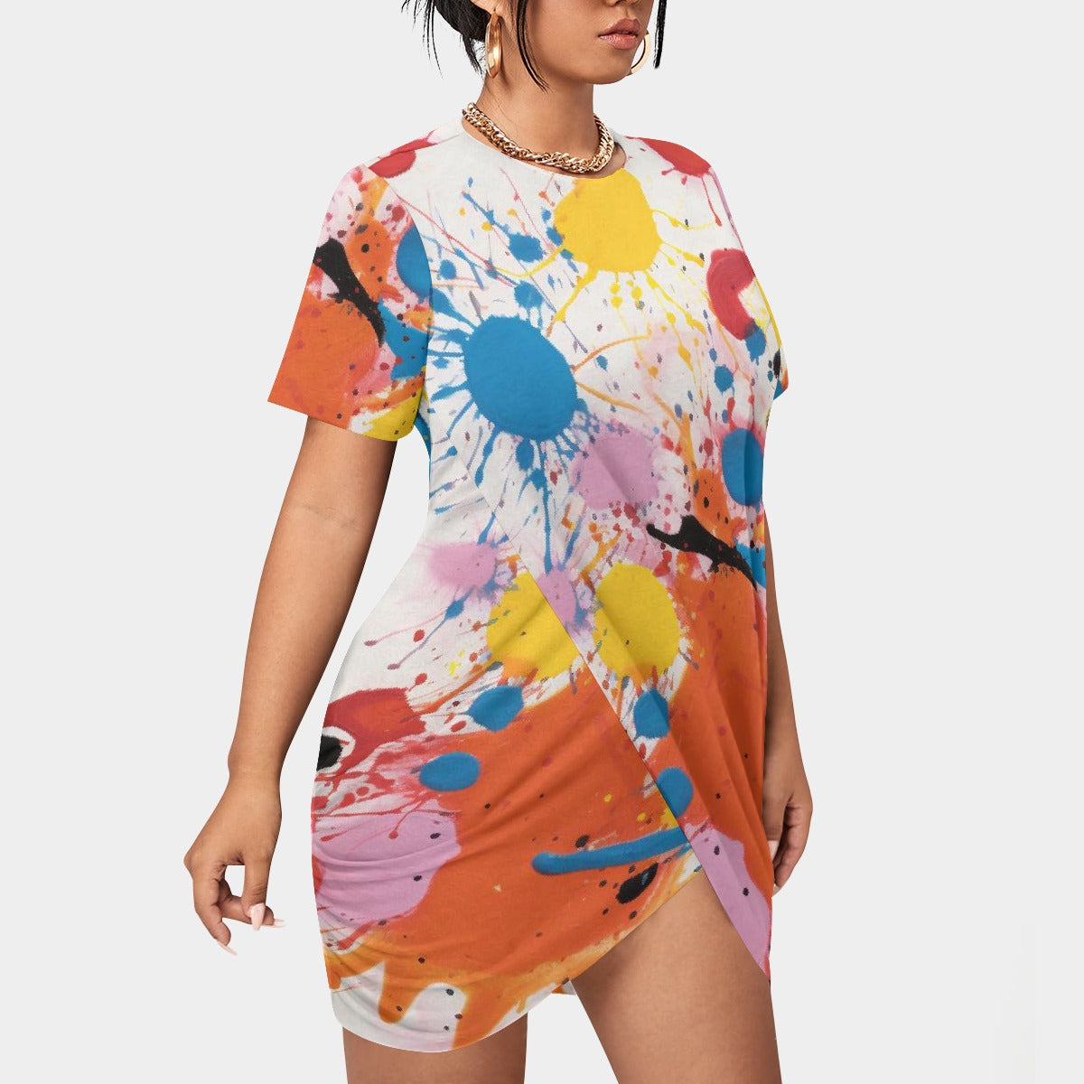 All-Over Print Women’s Stacked Hem Dress With Short Sleeve（Plus Size）