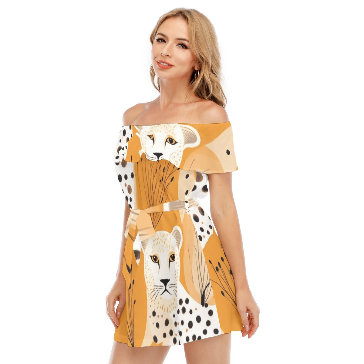 All-Over Print Women's Off-shoulder Dress With Ruffle