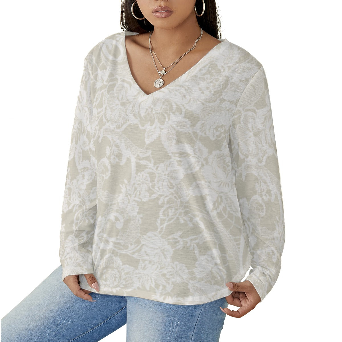 All-Over Print Women's V-neck T-shirt With Curved Hem(Plus Size)