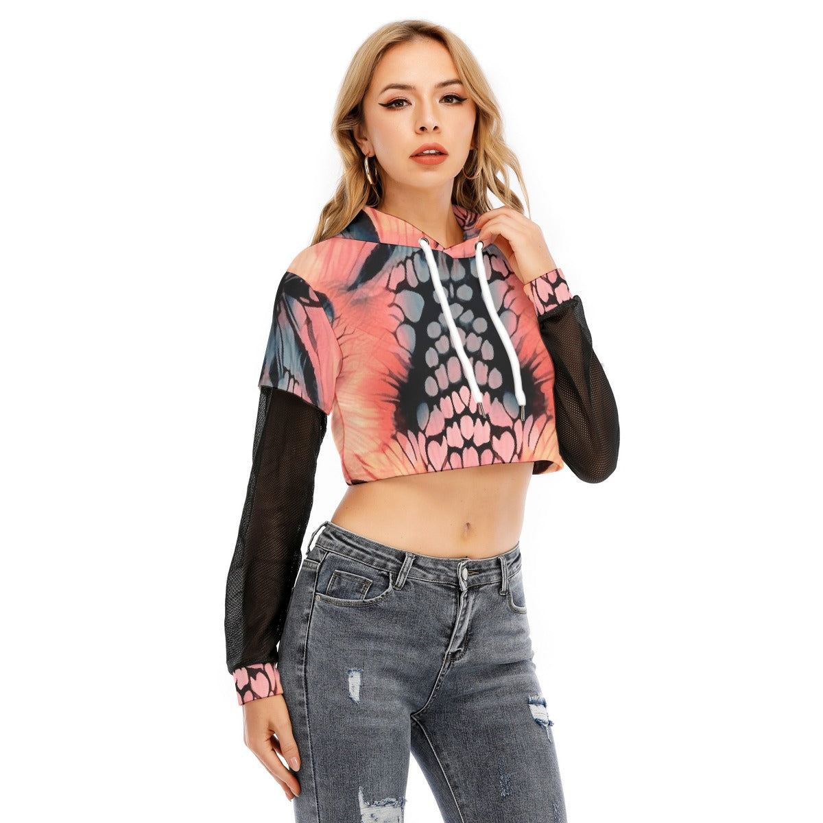 All-Over Print Women's Fake Two-piece Mesh Sleeve Cropped Hoodie