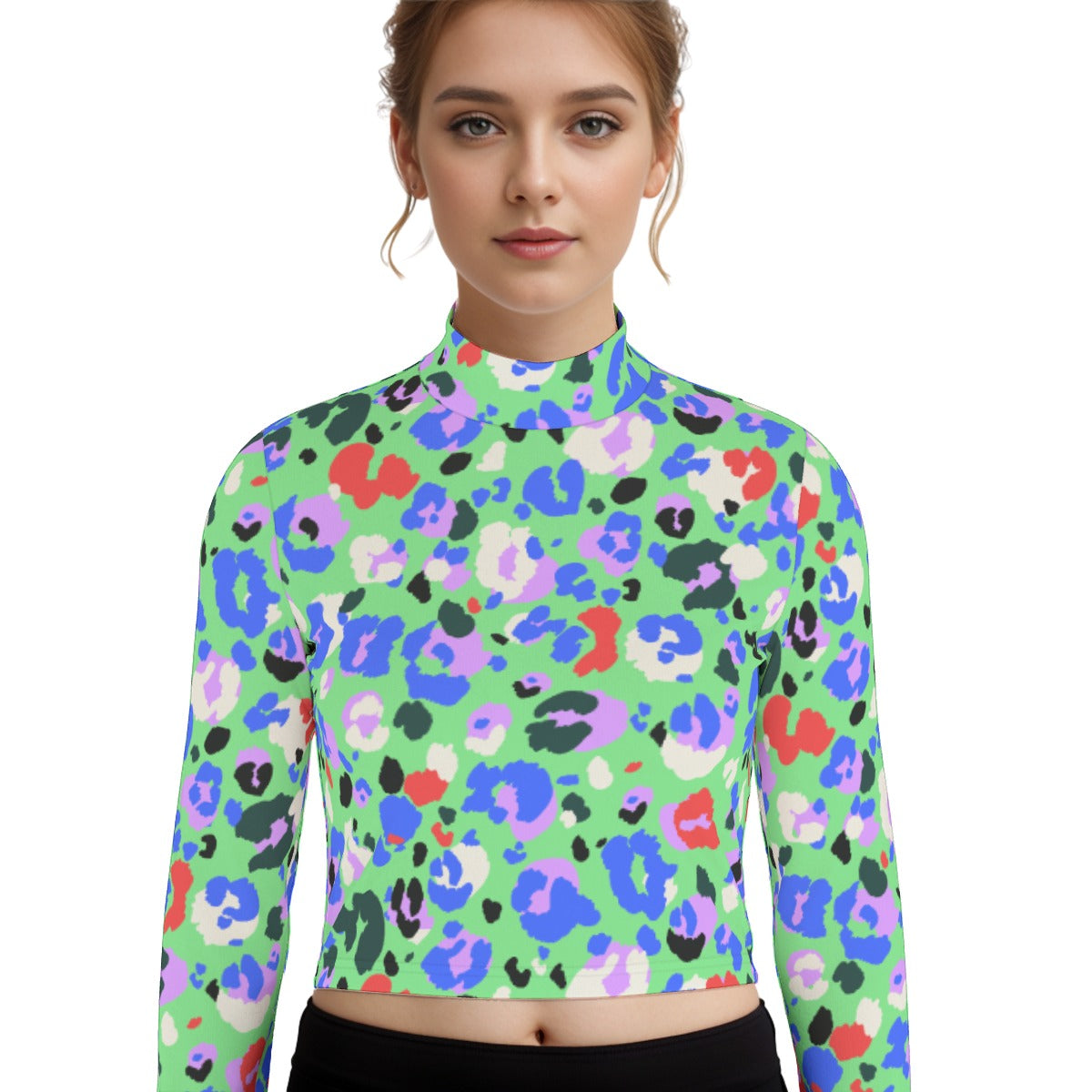 Eco-Friendly All-Over Print Women's Turtleneck T-shirt With Long Sleeve