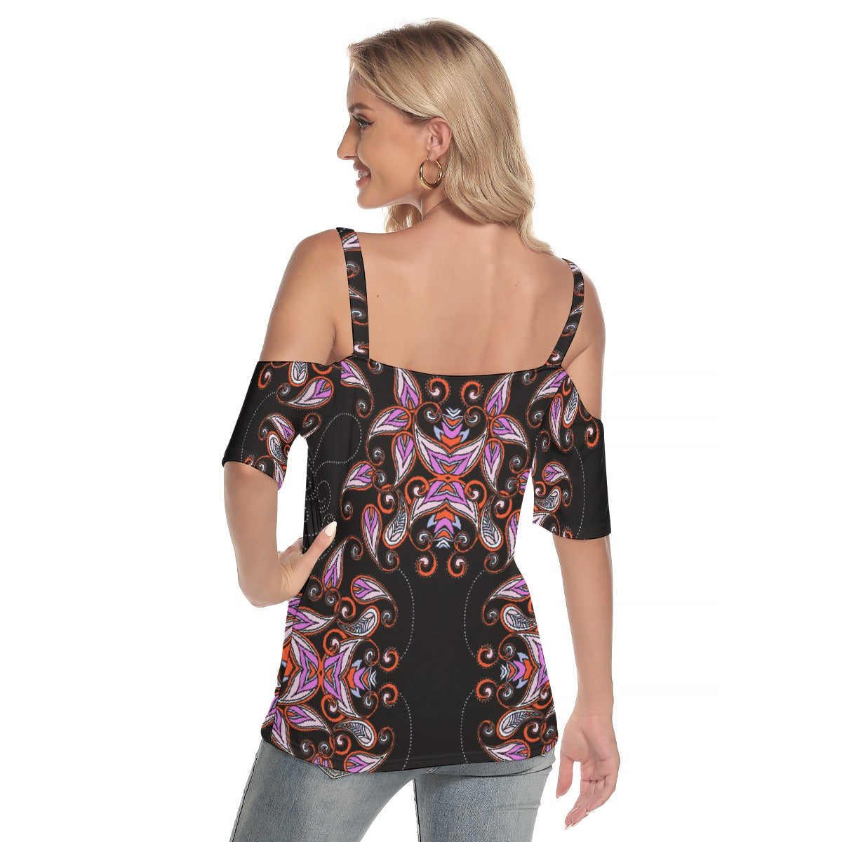 All-Over Print Women's Cold Shoulder T-shirt With Criss Cross Strips