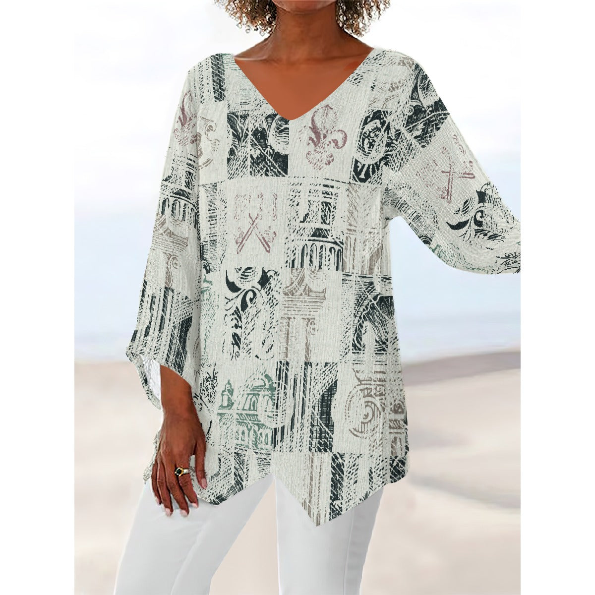 All-Over Print Women's V-neck T-shirt With Irregular Hem