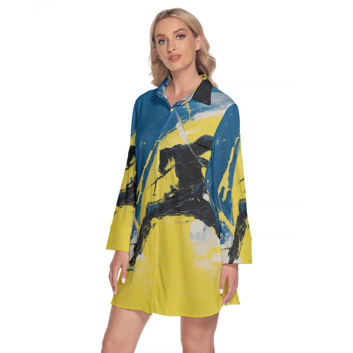 All-Over Print Women's Lapel Shirt Dress With Long Sleeve