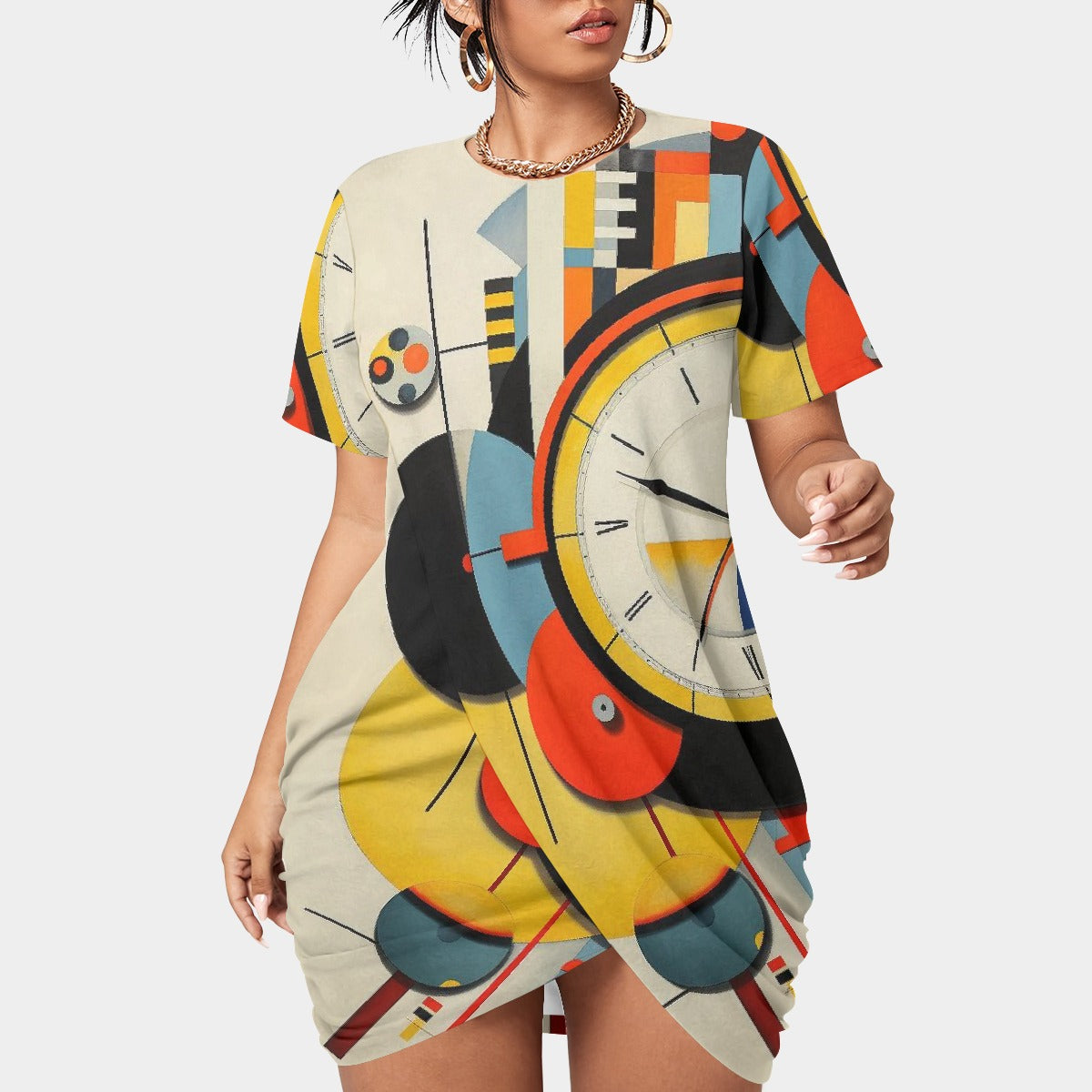 All-Over Print Women’s Stacked Hem Dress With Short Sleeve（Plus Size）