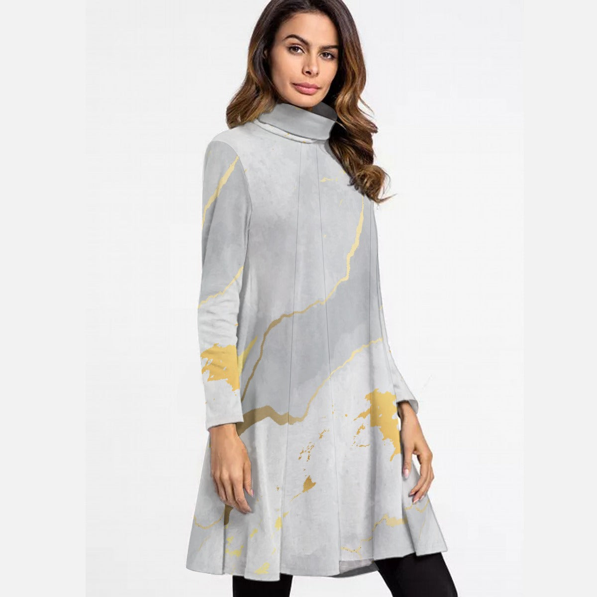 All-Over Print Women's High Neck Dress With Long Sleeve