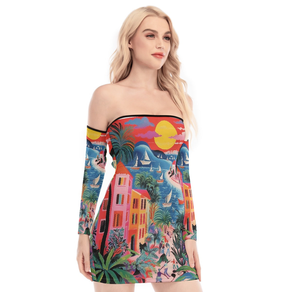 All-Over Print Women's Off-shoulder Back Lace-up Dress