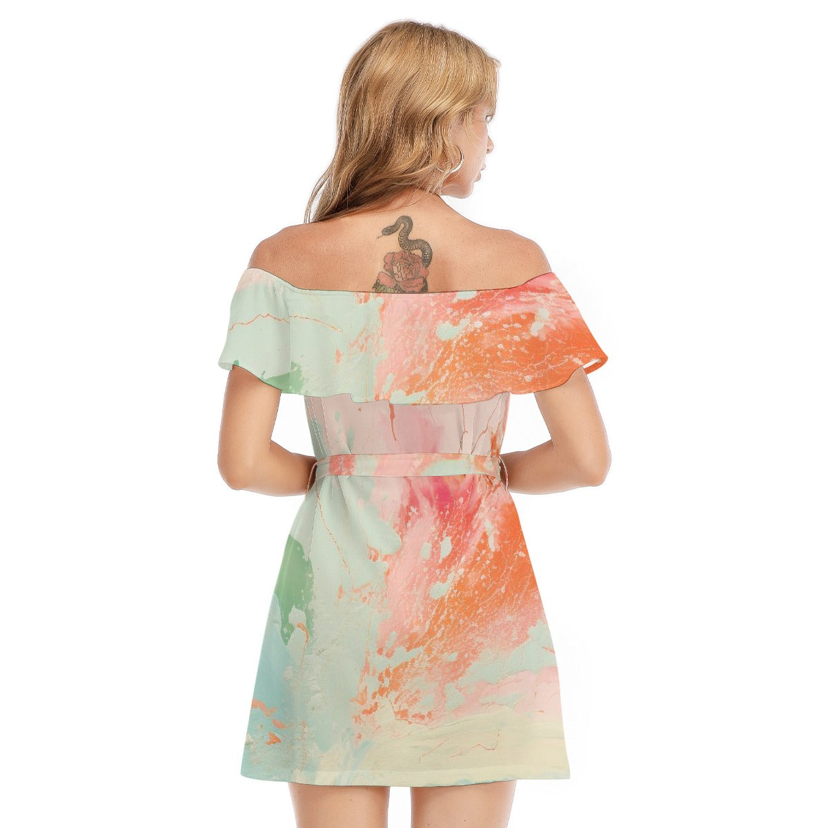 All-Over Print Women's Off-shoulder Dress With Ruffle