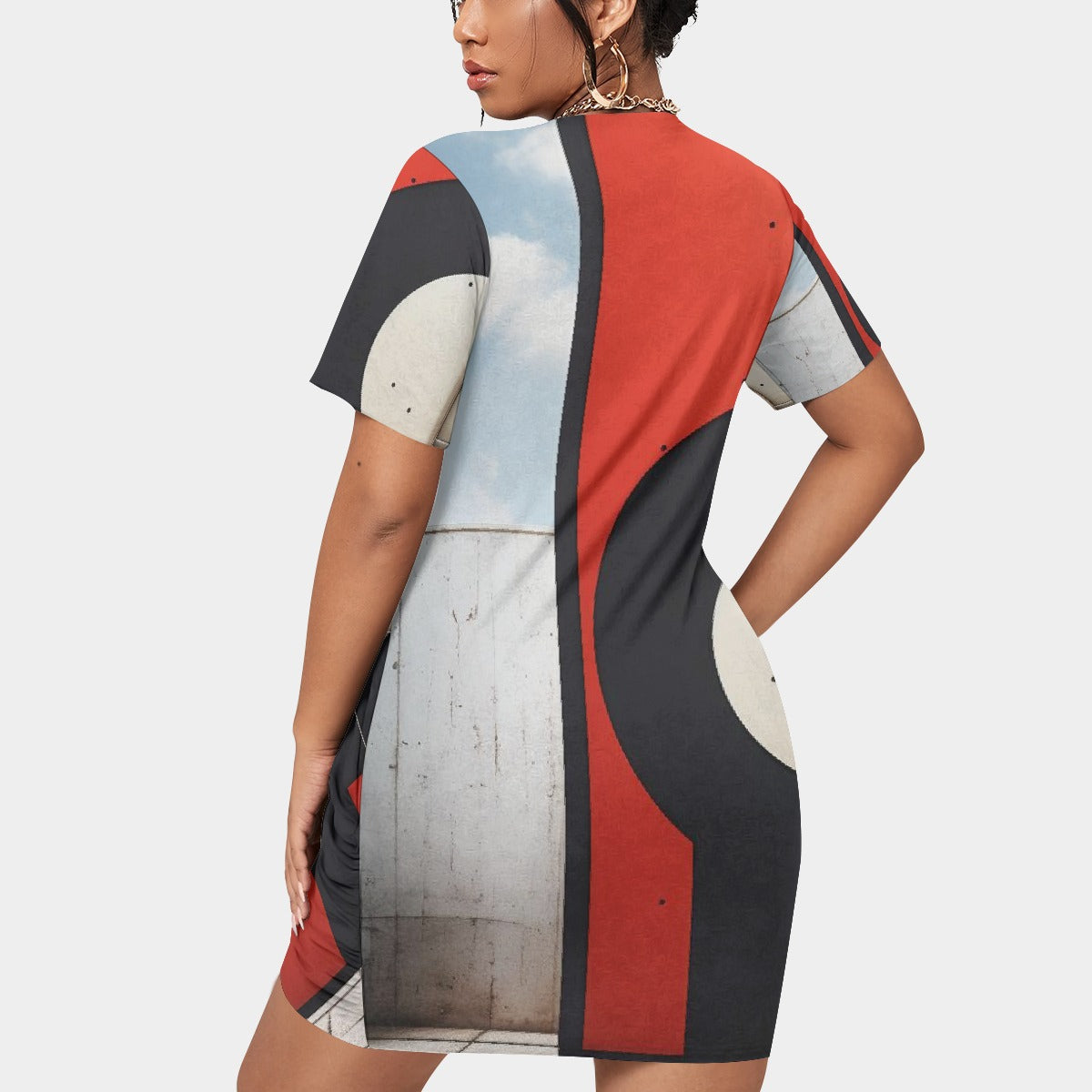 All-Over Print Women’s Stacked Hem Dress With Short Sleeve（Plus Size）