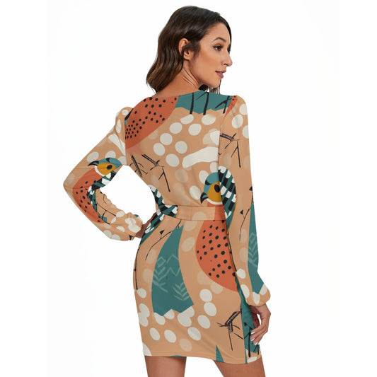 All-Over Print Women's Long Sleeve Dress With Waist Belt