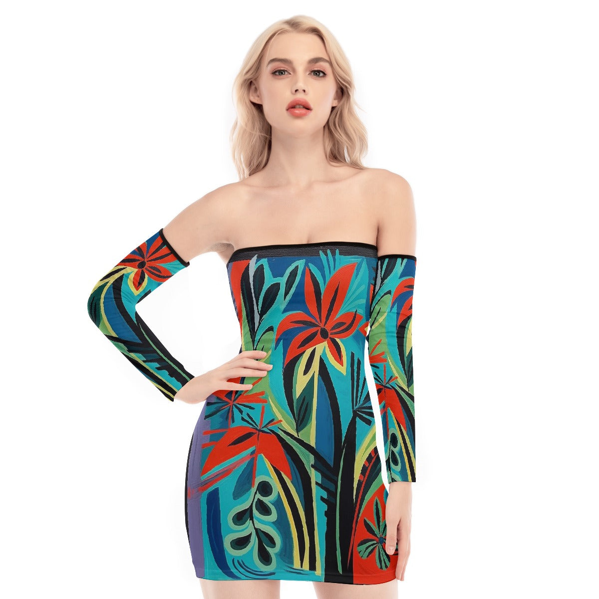 All-Over Print Women's Off-shoulder Back Lace-up Dress