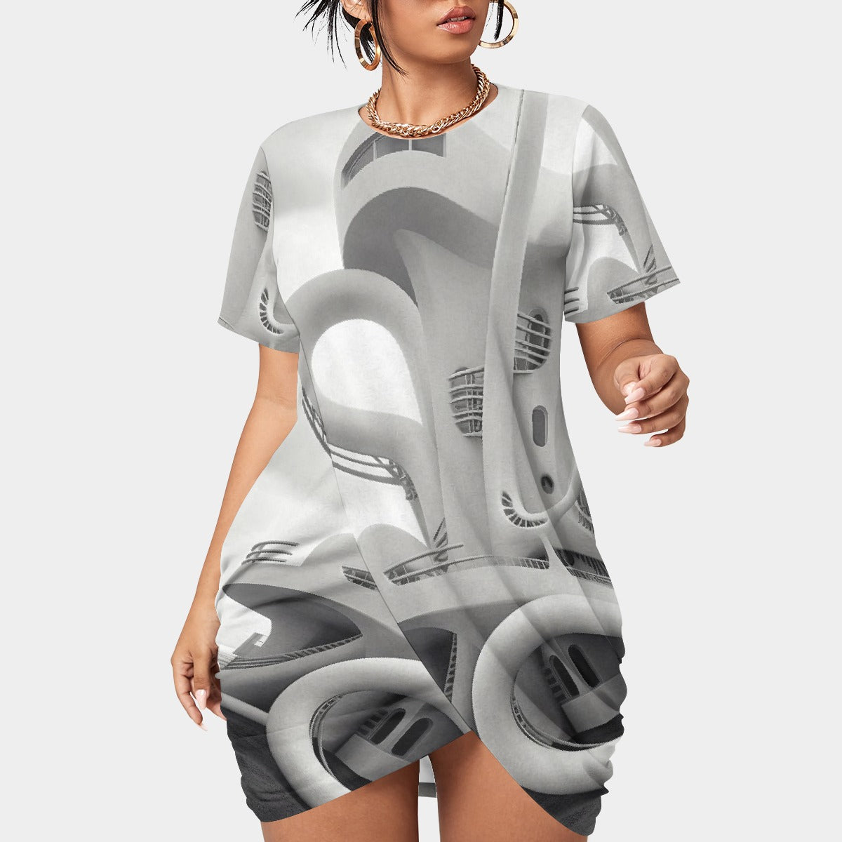 All-Over Print Women’s Stacked Hem Dress With Short Sleeve（Plus Size）