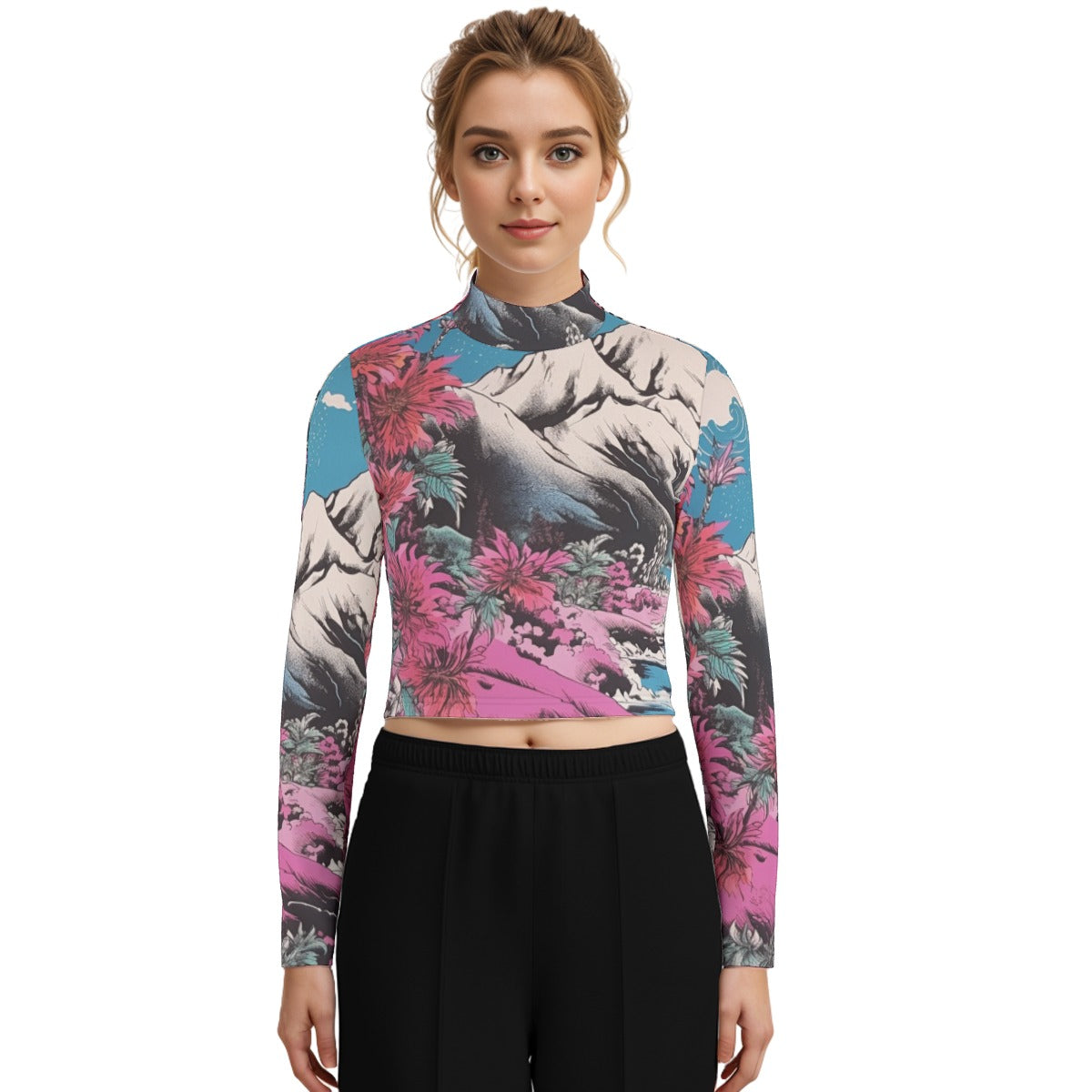 Eco-Friendly All-Over Print Women's Turtleneck T-shirt With Long Sleeve