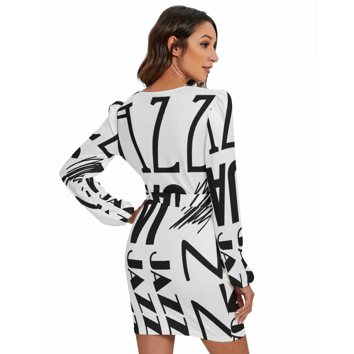 All-Over Print Women's Long Sleeve Dress With Waist Belt