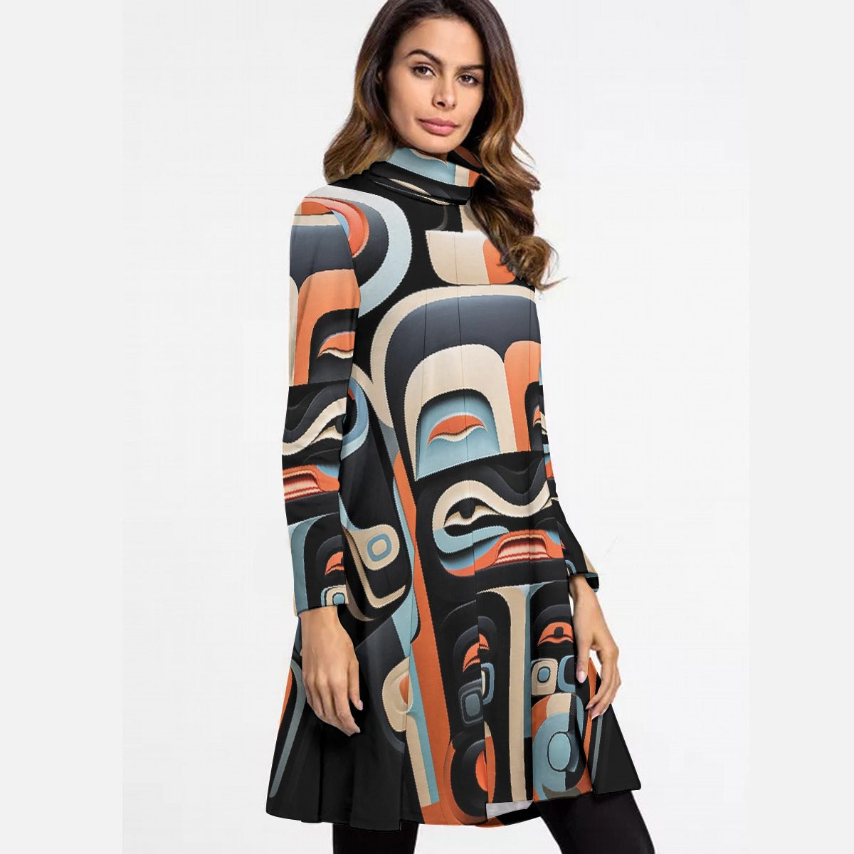 All-Over Print Women's High Neck Dress With Long Sleeve